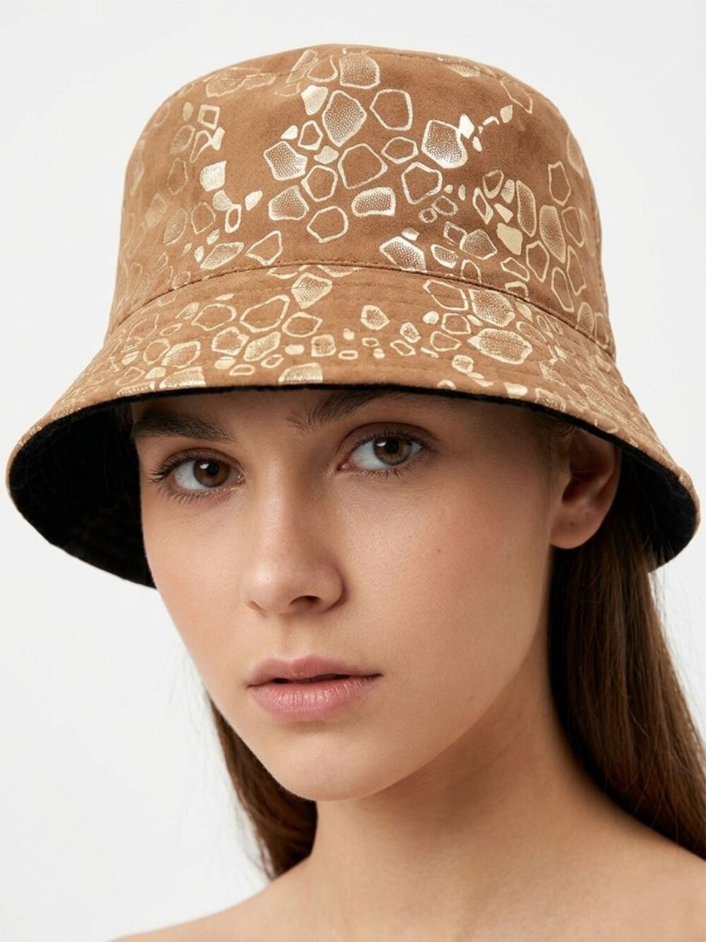 Bucket Hat Gold Metallic Print Brown Reversible Black Casual Retro